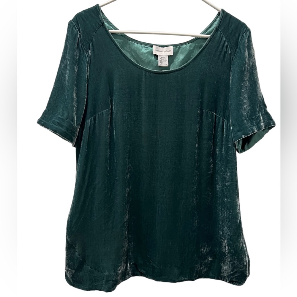 Soft Surroundings Teal Crushed Velvet Short Sleeve Top